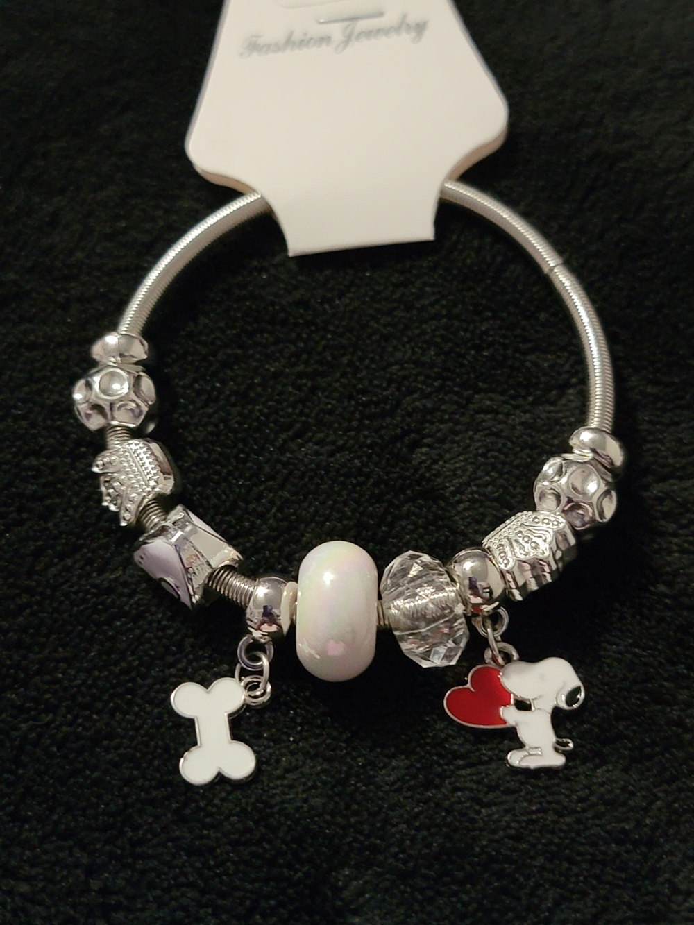 Fashion Jewelry Silver Dog Charm Bracelet with White & Red Accents